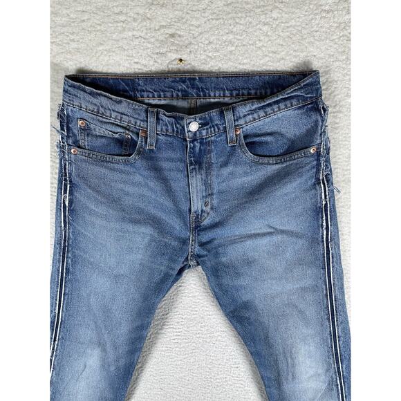 Levis 512 Jeans Mens 32x32 Blue Raw Hem Seams Faded 5 Pocket Distressed - Picture 2 of 16